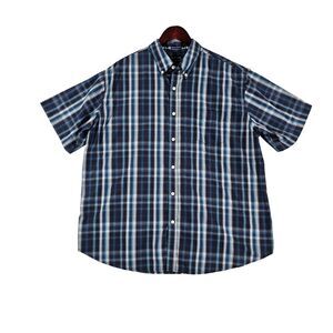 Northcrest Men Button Down Shirt Wrinkle Resistant Short Sleeve Plaid Blue Large